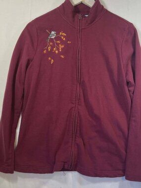 Penmans Burgundy Bird Embroidered Zip Up Fleece Sweatshirt Mock Neck Womens M